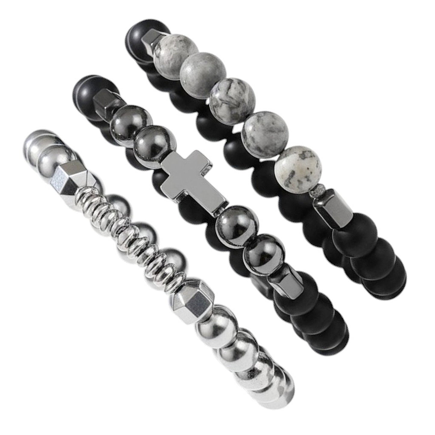 Armband Set Herren Perlenarmband Schwarz Edelstahl Lavaperlen Naturstein Karma