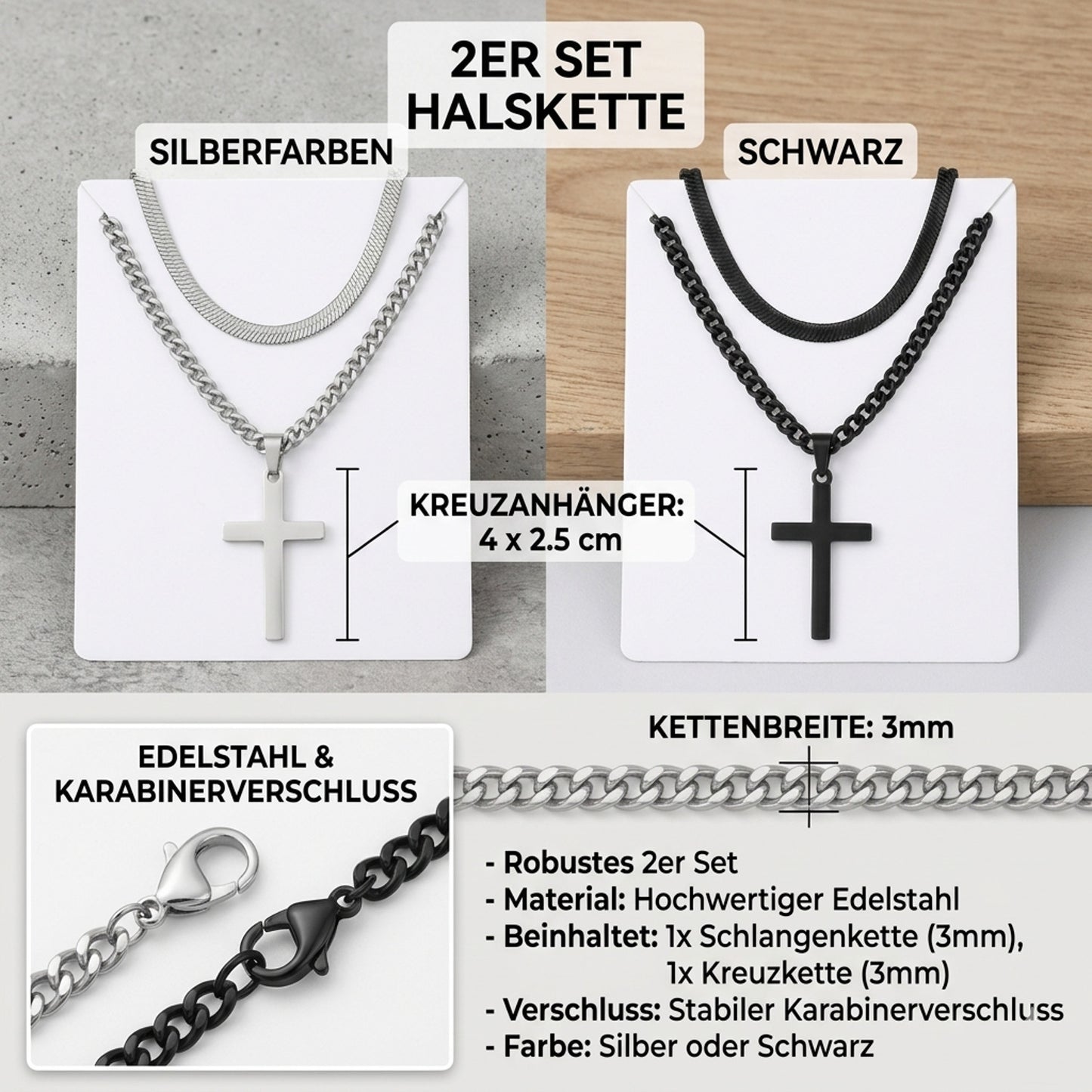 2er Set Ketten Herren Kreuz Schlangenkette Silber Edelstahl wasserfest rostfrei hypoallergen Karma