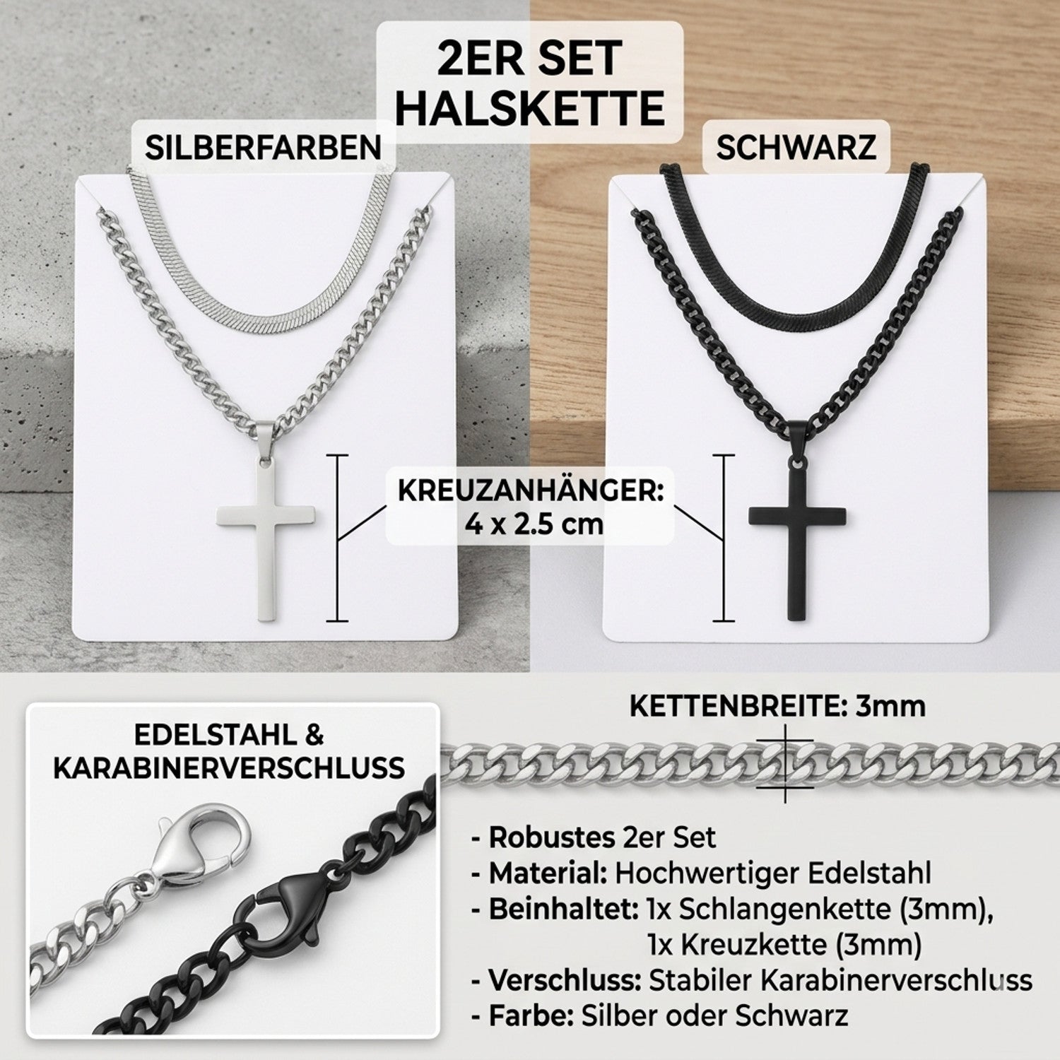 2er Set Ketten Herren Kreuz Schlangenkette Silber Edelstahl wasserfest rostfrei hypoallergen Karma