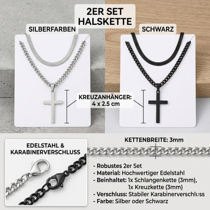 2er Set Ketten Herren Kreuz Schlangenkette Silber Edelstahl wasserfest rostfrei hypoallergen Karma