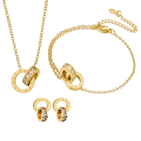 Schmuckset Zirkon Gold Kette Armband Ohrstecker Edelstahl wasserfest hypoallergen Karma