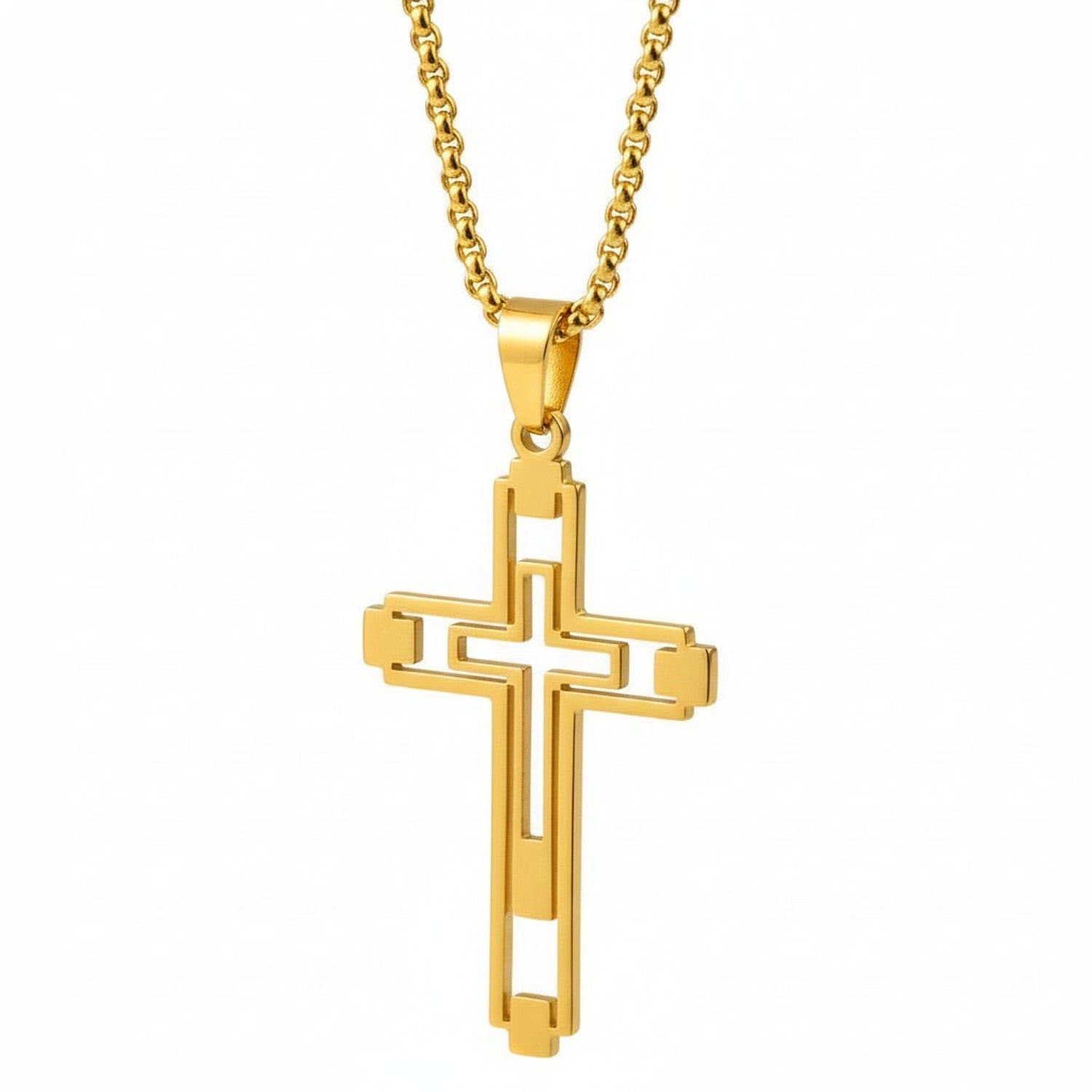 Halskette Kreuz Herren Gold modern 60 cm Edelstahl wasserfest hypoallergen rostfrei Karma