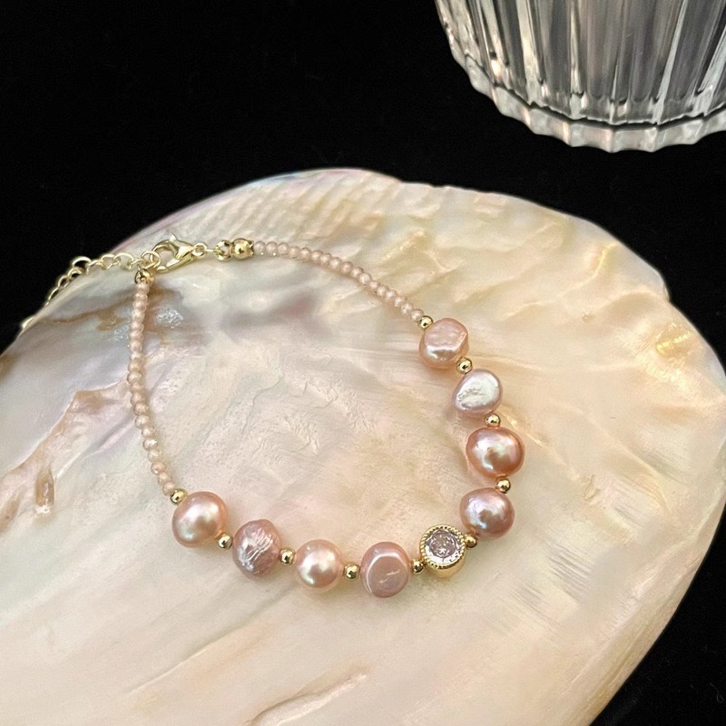 Damen Armband Süßwasserperlen Gold Rosé 16 cm Perlenarmband Damenarmband Karma