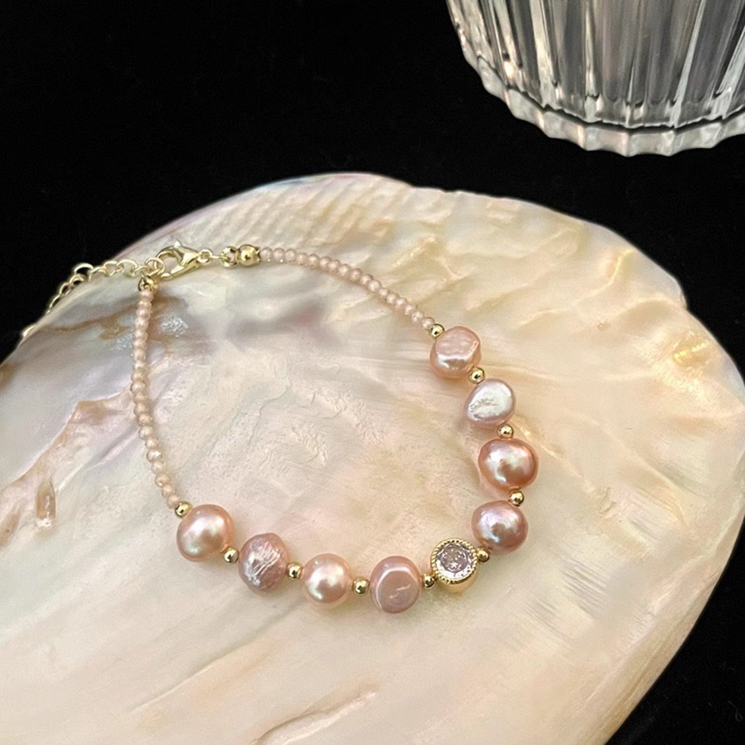 Damen Armband Süßwasserperlen Gold Rosé 16 cm Perlenarmband Damenarmband Karma