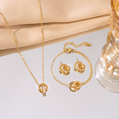 Schmuckset Zirkon Gold Kette Armband Ohrstecker Edelstahl wasserfest hypoallergen Karma