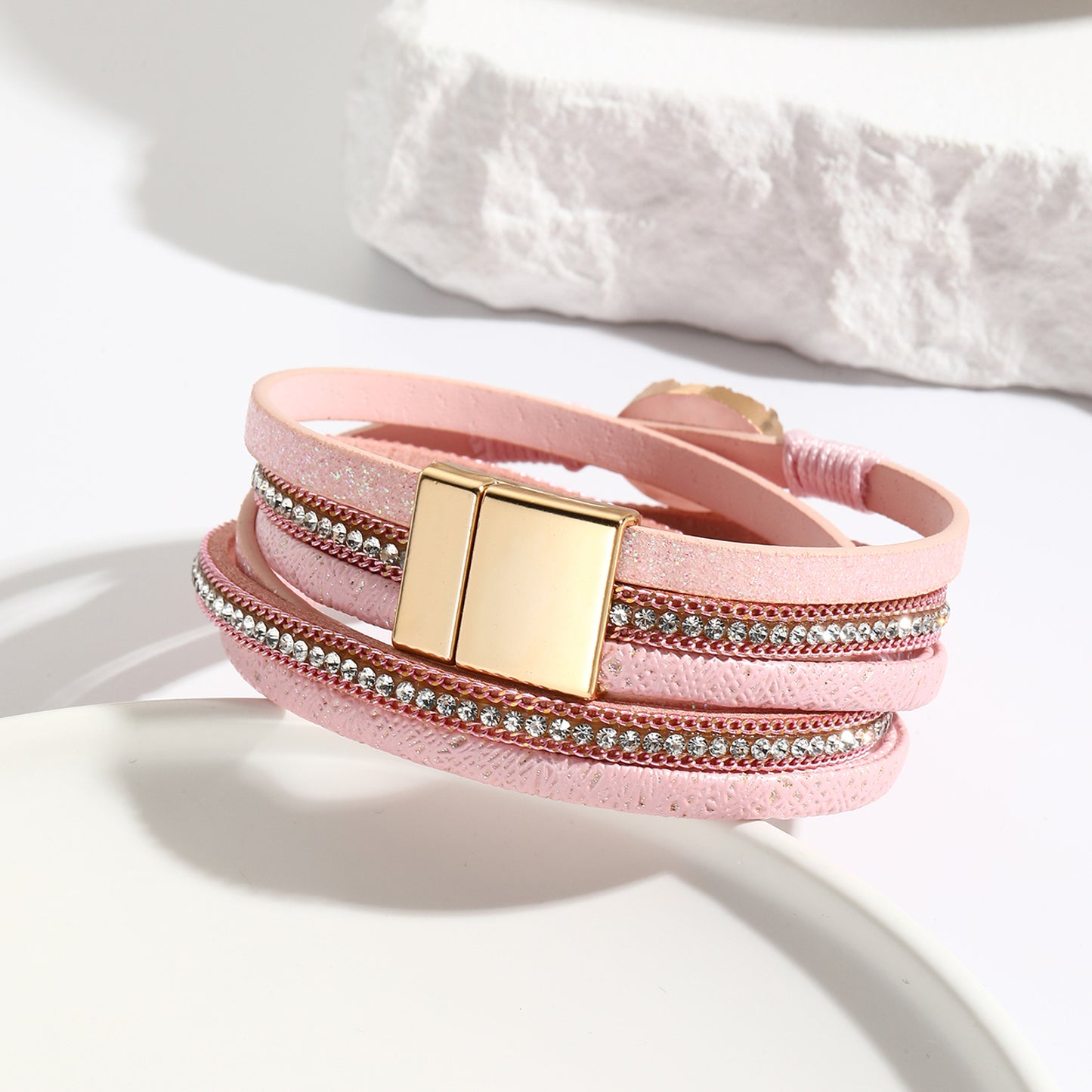 Wickelarmband Damen Rosa PU Leder Zirkon Armband Karma