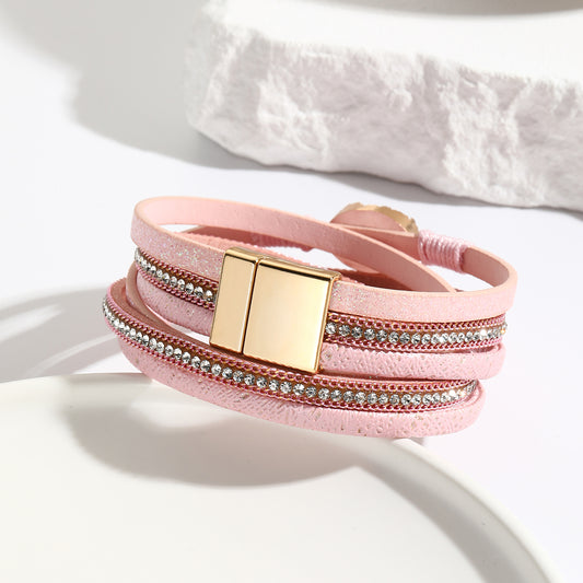 Wickelarmband Damen Rosa PU Leder Zirkon Armband Karma