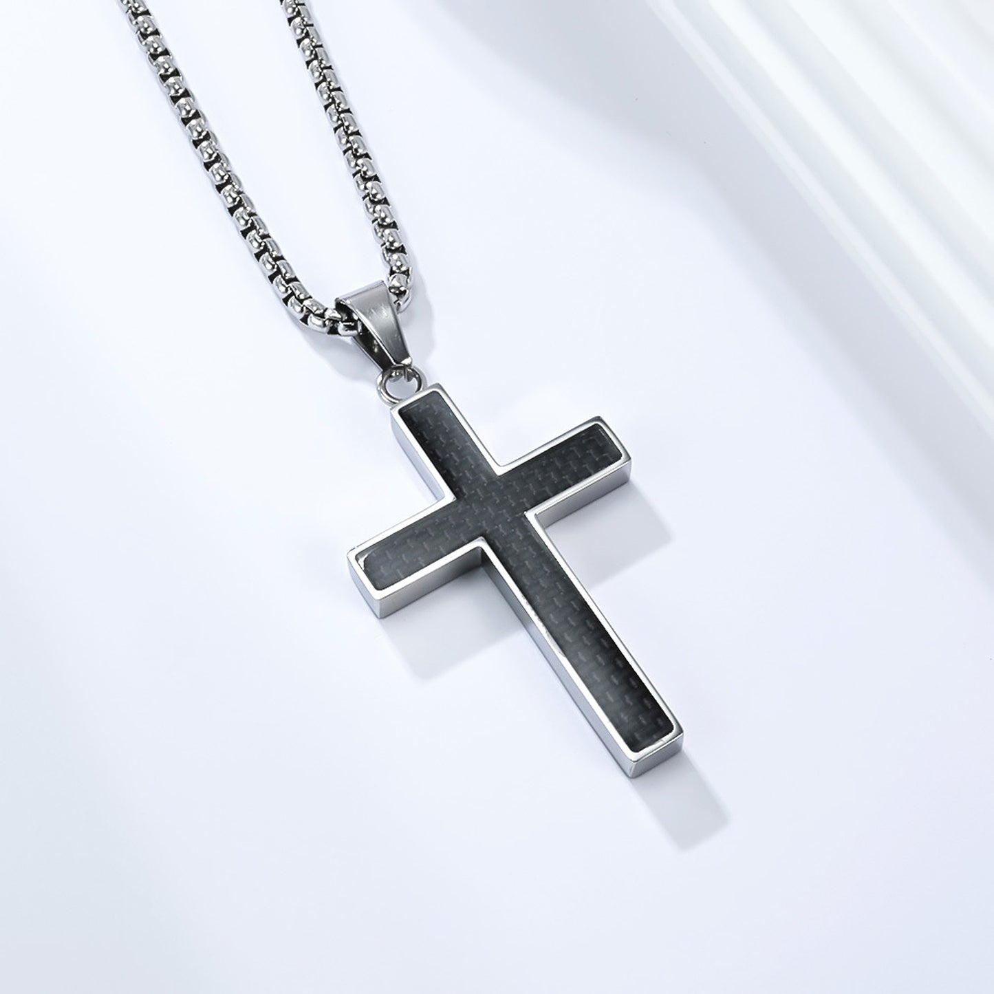 Halskette mit Kreuz Anhänger Herren Silber Titanstahl Carbon Herrenkette Kreuzkette Karma