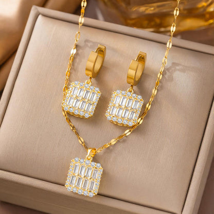 Schmuckset Kristalle Gold Halskette und Ohrringe Edelstahl vergoldet wasserfest hypoallergen rostfrei Karma
