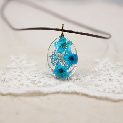 Halskette Echte Trockenblumen Türkis Blau Glas Lederband Blumenkette Kette modern Karma