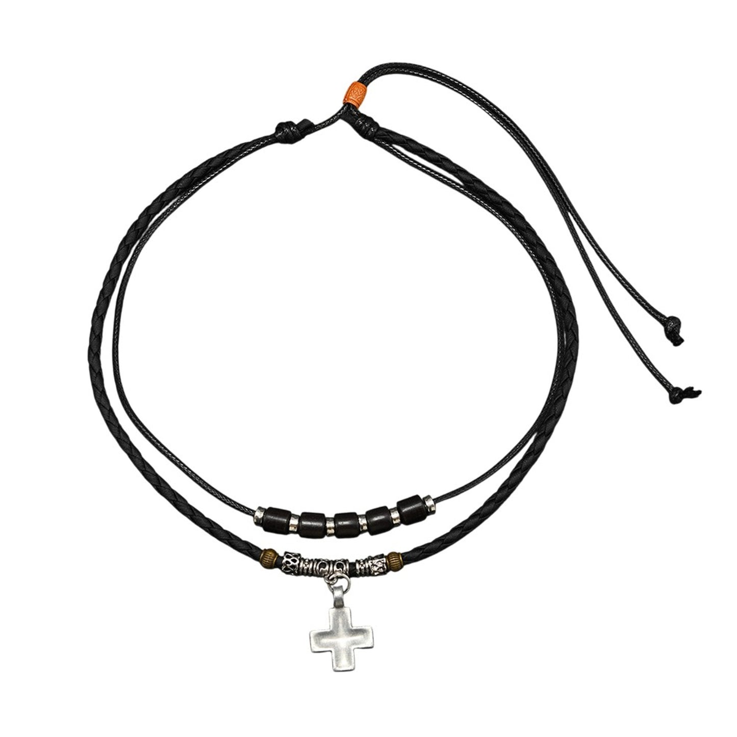 Halskette mehrreihig Surfer Style Schwarz Silber PU Leder