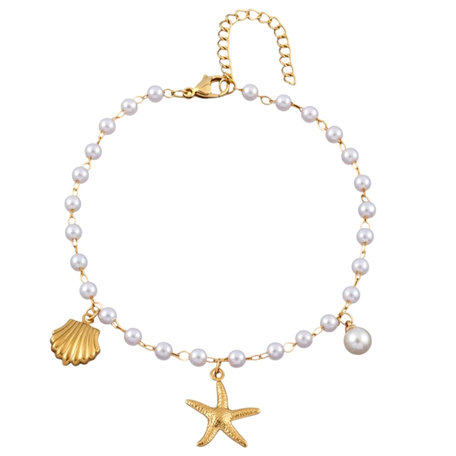 Fußkette Maritim Perlen Seestern Muschel Gold Weiß Kunstperlen Karma