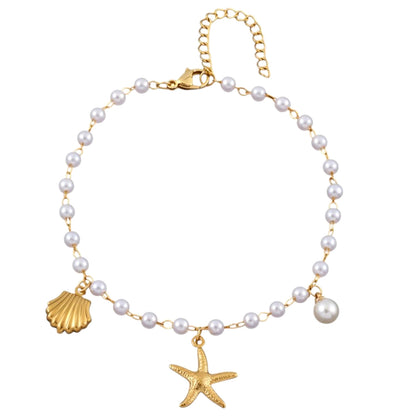 Fußkette Maritim Perlen Seestern Muschel Gold Weiß Kunstperlen Karma
