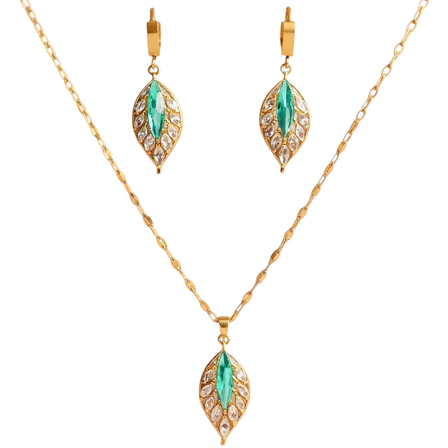 Schmuckset Ohrringe & Halskette Gold Grün Edelstahl vergoldet wasserfest hypoallergen