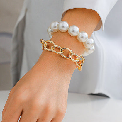 Armbandset Perlenarmband und Metallarmband Weiß Gold Karma