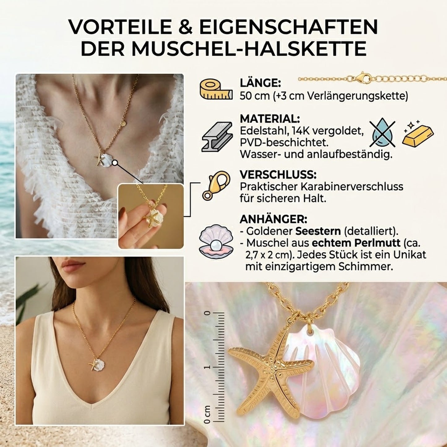 Halskette Muschel Perle echter Perlmutt Damen Gold modern Edelstahl vergoldet PVD beschichtet wasserfest hypoallergen rostfrei Karma