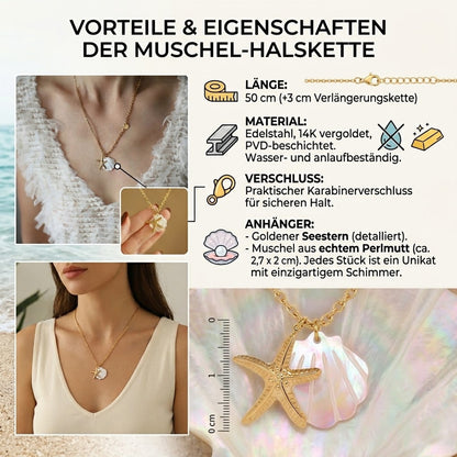 Halskette Muschel Perle echter Perlmutt Damen Gold modern Edelstahl vergoldet PVD beschichtet wasserfest hypoallergen rostfrei Karma