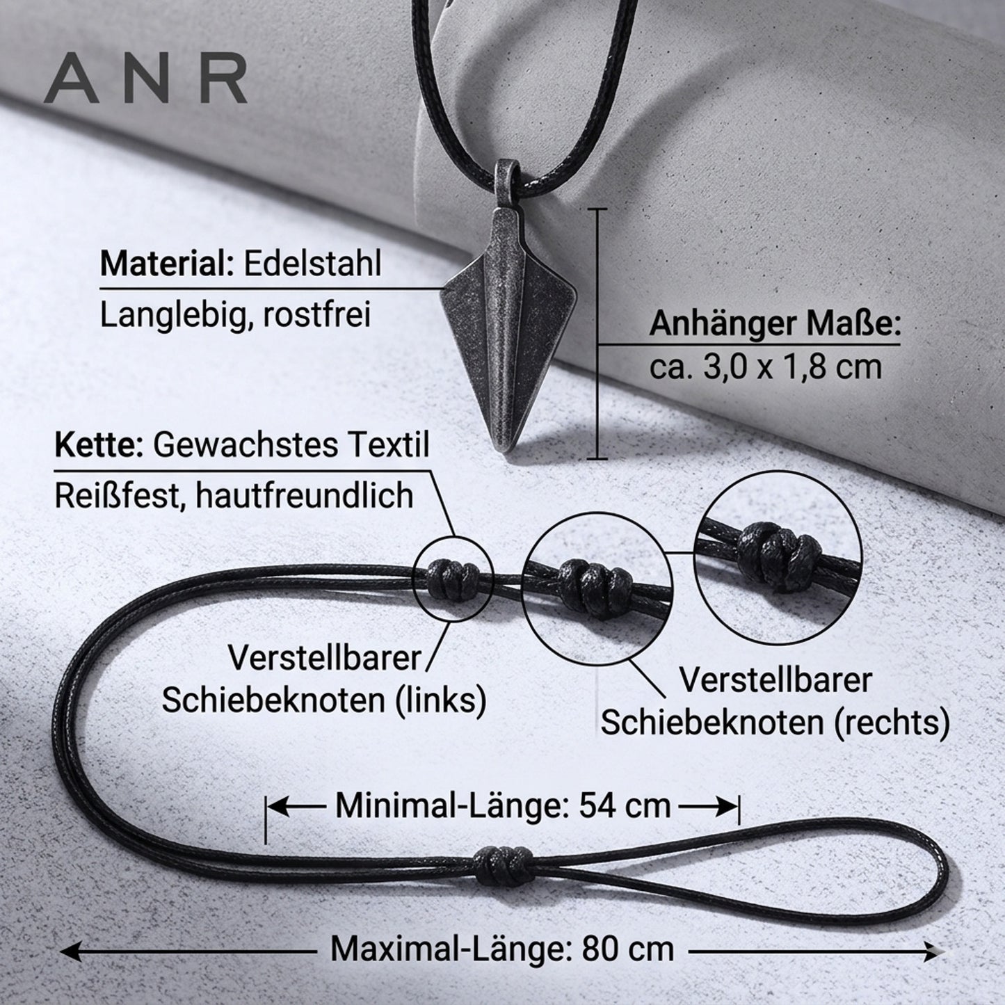 Halskette Herren Pfeilspitze Schwarz Textil Edelstahl Kette einstellbar Karma