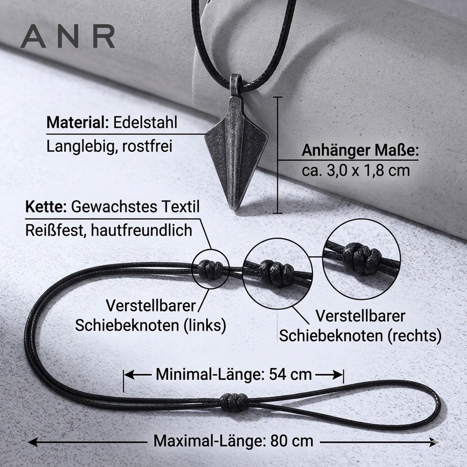 Halskette Herren Pfeilspitze Schwarz Textil Edelstahl Kette einstellbar Karma