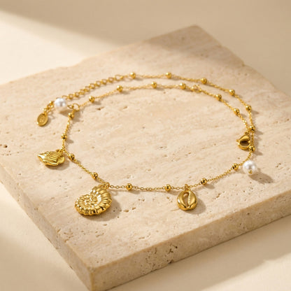 Halskette Muschel Perlen Gold Damen 40 cm Kette Edelstahl vergoldet wasserfest hypoallergen Karma