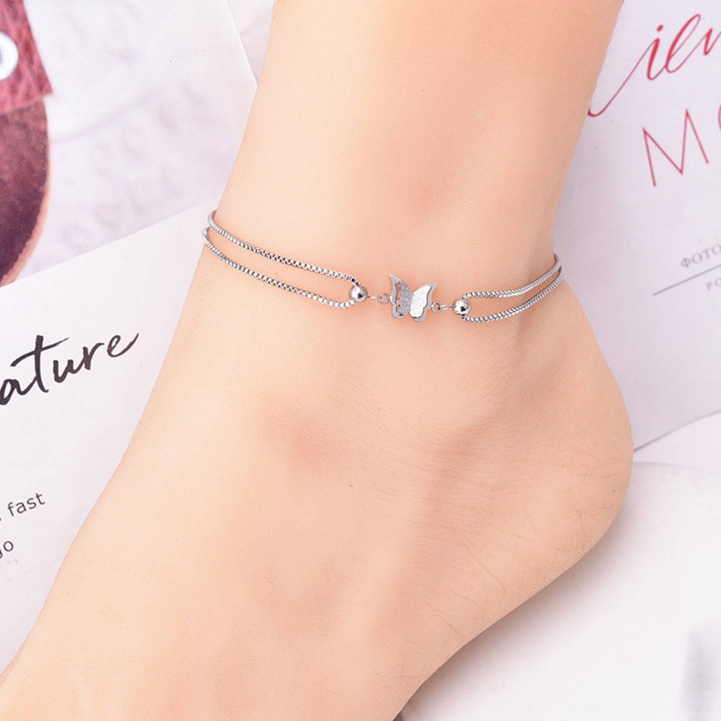 Fußkette Schmetterling Silber verstellbares Fußkettchen modern Sommerschmuck Fußschmuck Karma