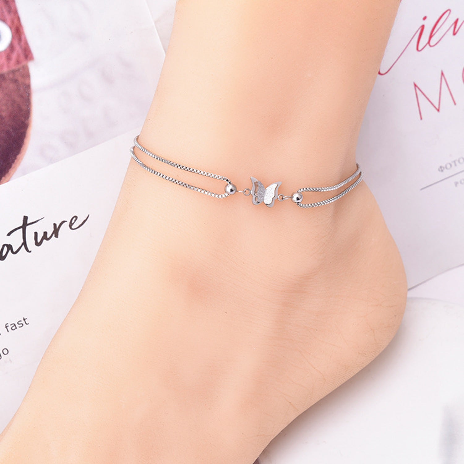 Fußkette Schmetterling Silber verstellbares Fußkettchen modern Sommerschmuck Fußschmuck Karma