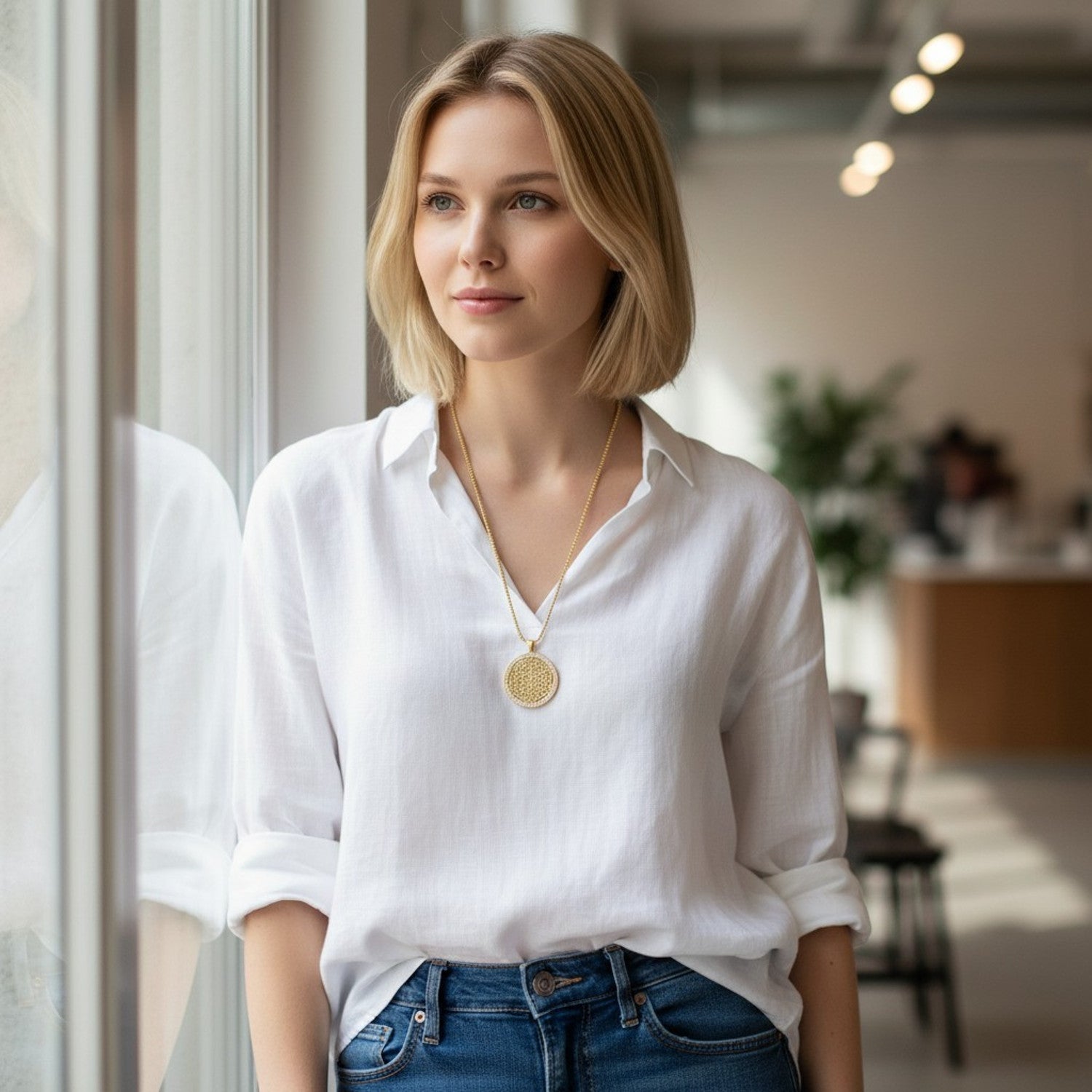 Halskette Medaillon Damen Gold 60 cm Kette Edelstahl vergoldet wasserfest hypoallergen Karma