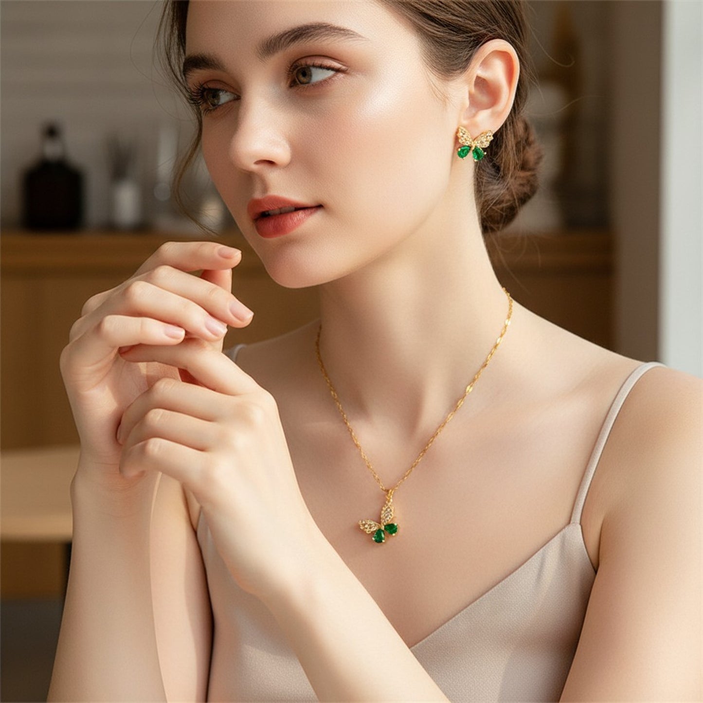 Schmuckset Schmetterling Gold Grün Halskette und Ohrringe Zirkone Edelstahl vergoldet wasserfest hypoallergen rostfrei Karma