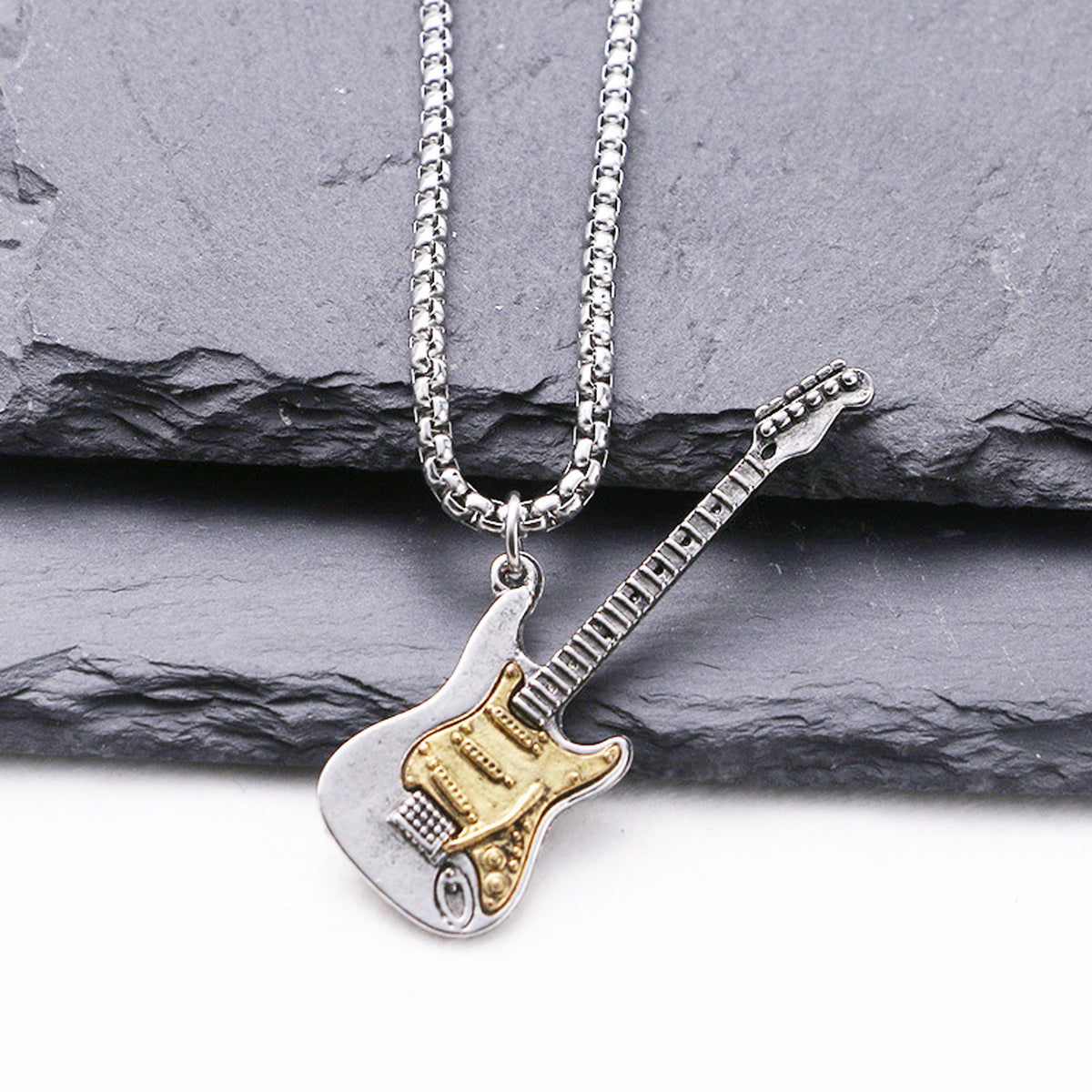 Halskette Herren Gitarre Silber Gold 70 cm Edelstahl Metall Kette rostfrei hypoallergen Karma