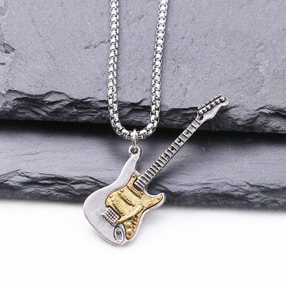 Halskette Herren Gitarre Silber Gold 70 cm Edelstahl Metall Kette rostfrei hypoallergen Karma