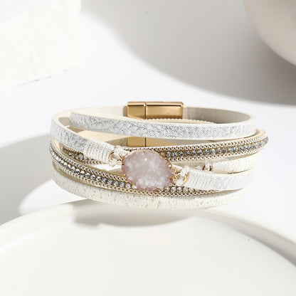 Wickelarmband Damen Weiß PU Leder Zirkon Armband Karma