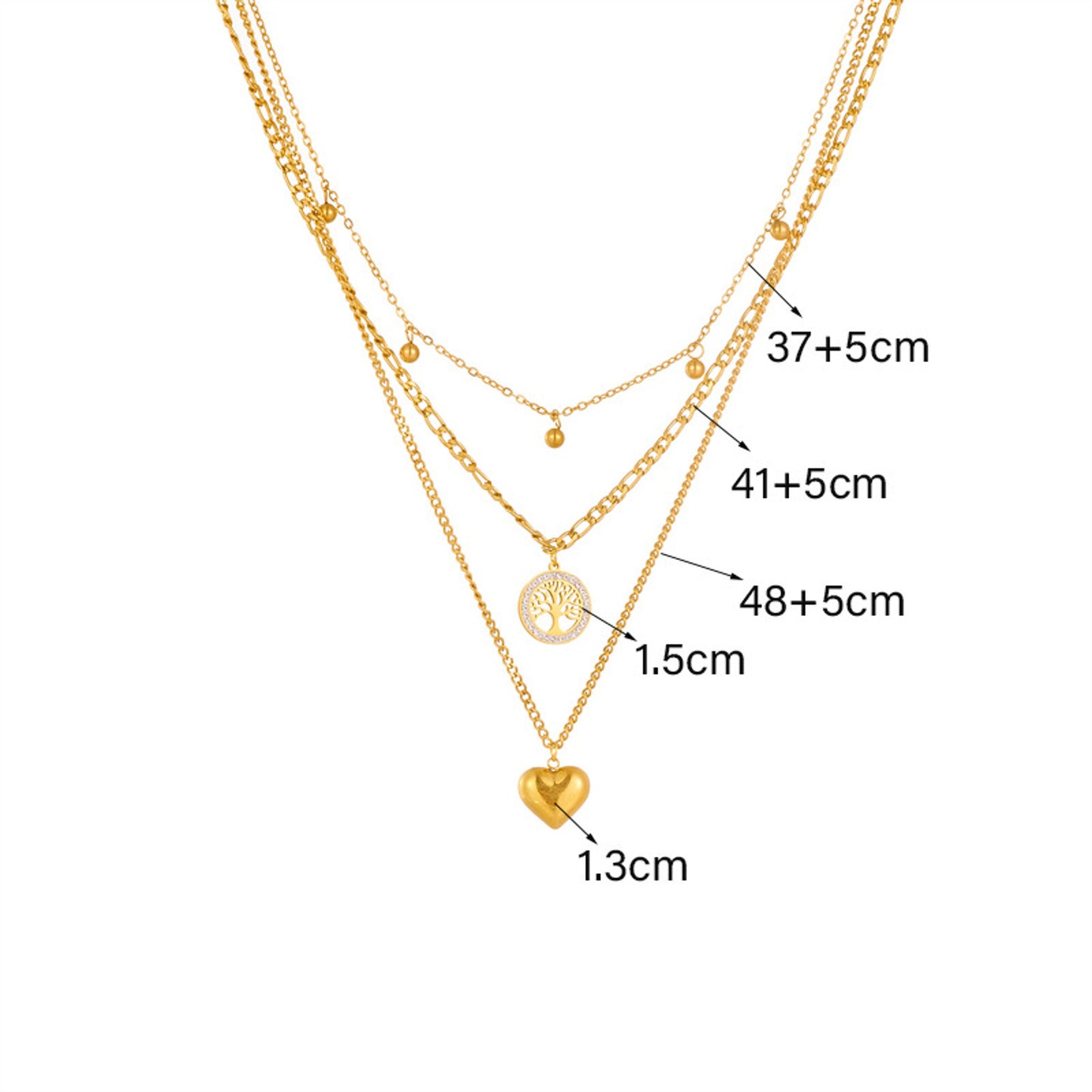 Layering Halskette Herz Lebensbaum Damen Gold Titanstahl Kristalle Karma