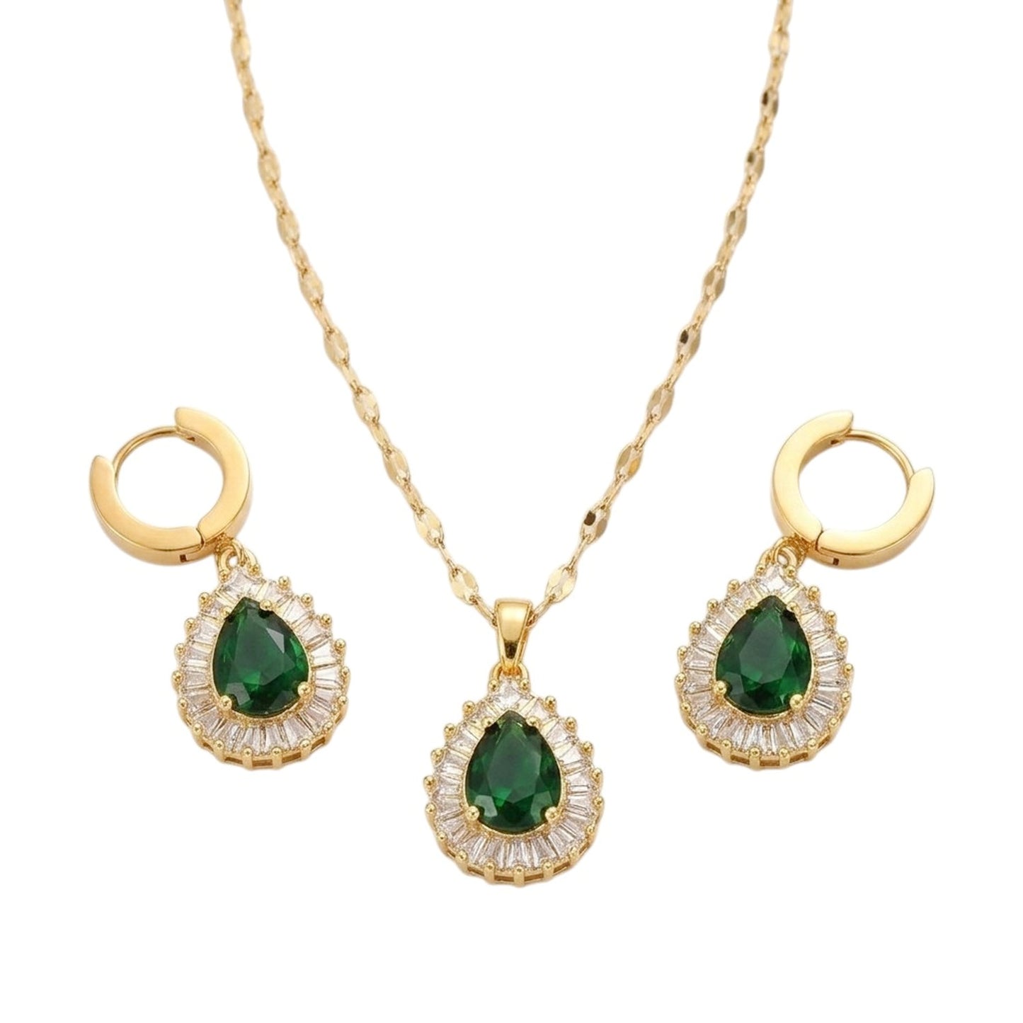 Schmuckset Zirkone Gold Grün Halskette und Ohrringe Edelstahl vergoldet wasserfest hypoallergen rostfrei Karma