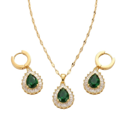 Schmuckset Zirkone Gold Grün Halskette und Ohrringe Edelstahl vergoldet wasserfest hypoallergen rostfrei Karma