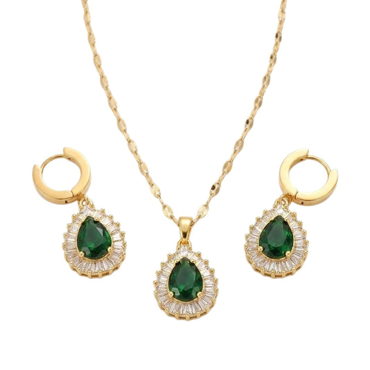 Schmuckset Zirkone Gold Grün Halskette und Ohrringe Edelstahl vergoldet wasserfest hypoallergen rostfrei Karma
