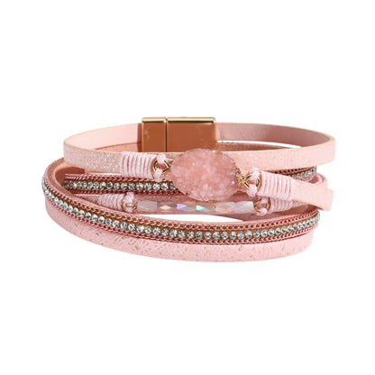 Wickelarmband Damen Rosa PU Leder Zirkon Armband Karma
