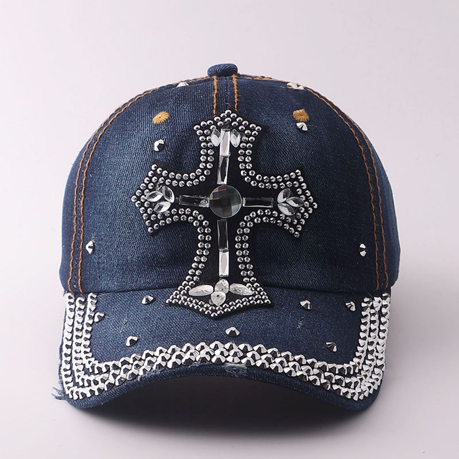 Basecap Kreuz Damen Jeansblau Dunkelblau oder Hellblau Baumwolle Kristalle Kappe Karma