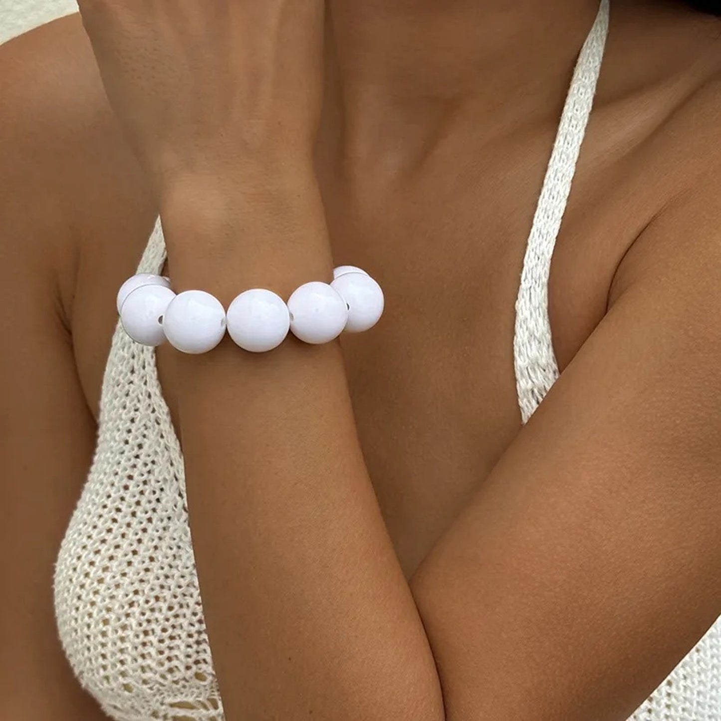 XL Perlenarmband Weiß Damen Acryl Armband dehnbar Karma