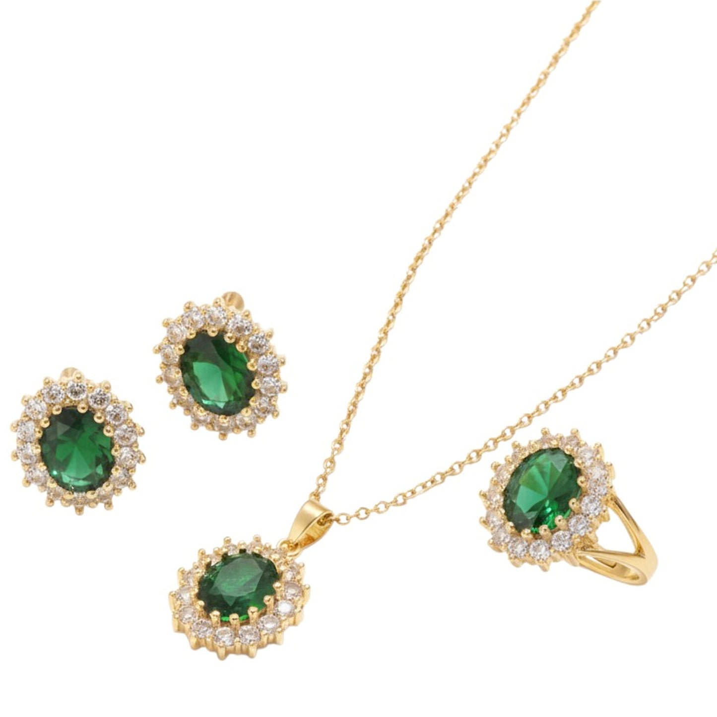 Schmuckset Gold Grün Kette Ohrringe Ring Damen Edelstahl wasserfest hypoallergen Karma