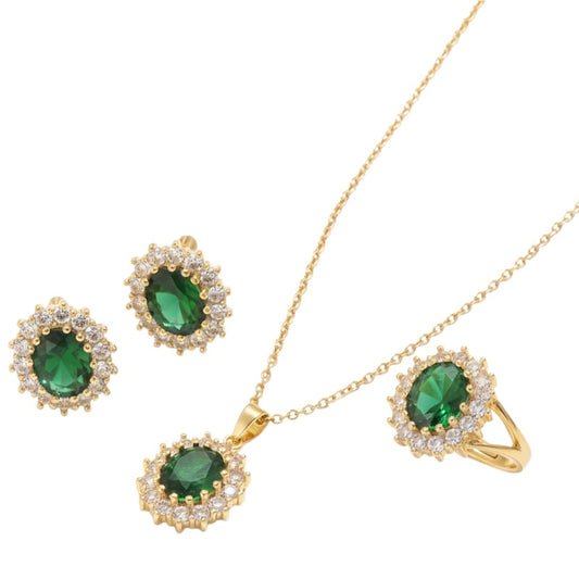 Schmuckset Gold Grün Kette Ohrringe Ring Damen Edelstahl wasserfest hypoallergen Karma