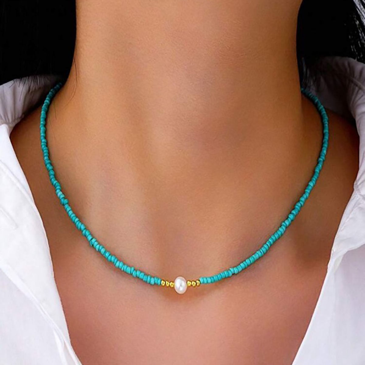 Perlennkette Türkis Zuchtperle 42 cm Damen Kette Eelstahl vergoldet Karma