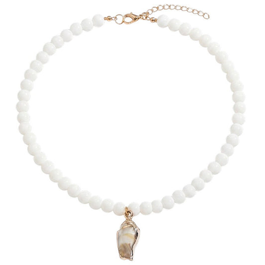 Perlenkette mit Muschelanhänger Weiß Gold 40 cm Halskette Damen modern Karma