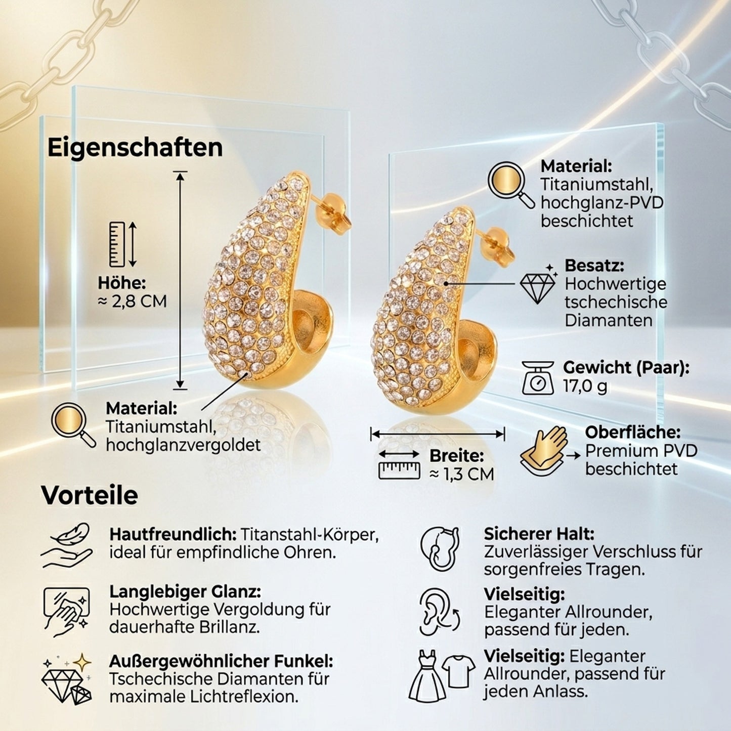 Ohrringe groß Gold 2,8 cm Zirkonia Damen Ohrringe Edelstahl wasserfest hypoallergen rostfrei Karma