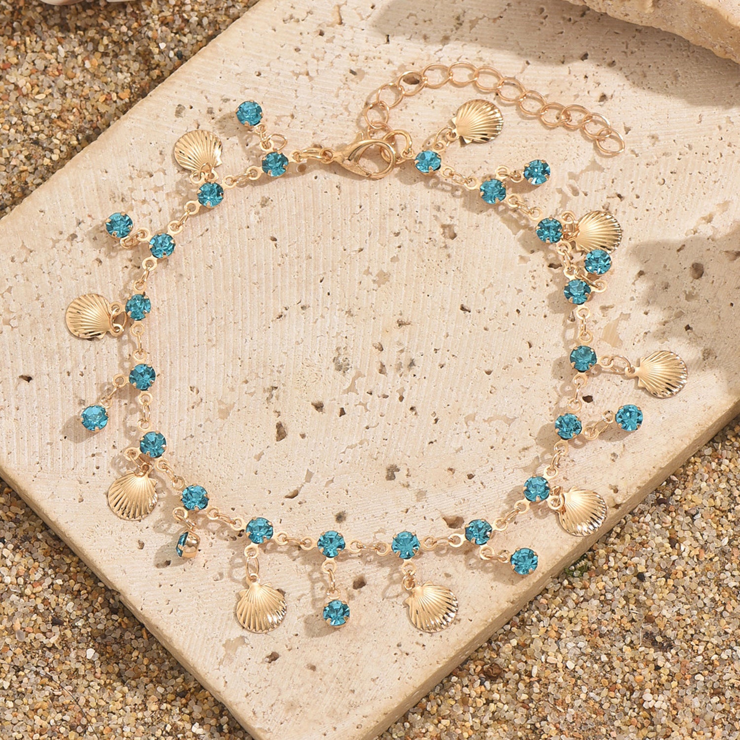 Fußkette Gold Türkis Metall Kristalle verstellbares Fußkettchen modern Sommerschmuck Fußschmuck Karma