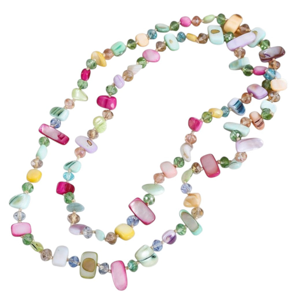 Lange Halskette bunt 118 cm Kristalle Natursteine modern Damen Kette Karma