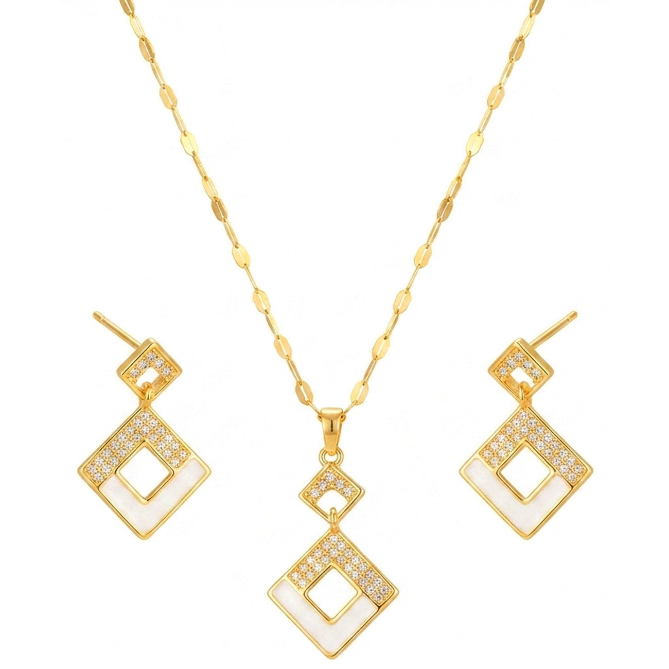 Schmuckset Raute Gold Halskette und Ohrringe Edelstahl Zirkone wasserfest hypoallergen rostfrei Karma