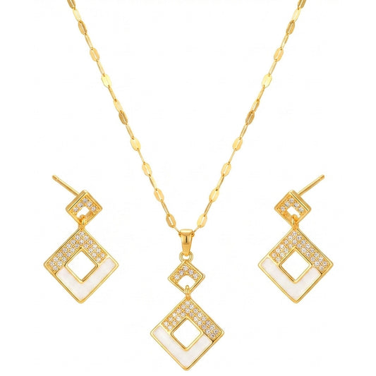 Schmuckset Raute Gold Halskette und Ohrringe Edelstahl Zirkone wasserfest hypoallergen rostfrei Karma