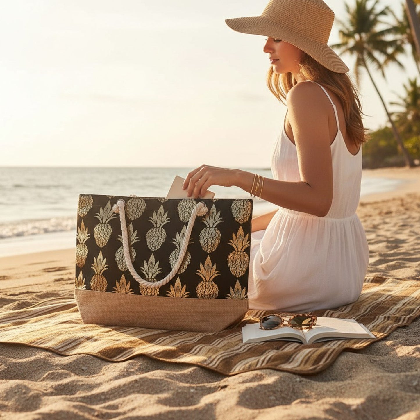 Strandtasche Ananas Schwarz Gold 55 cm modern Pooltasche Shopper Sommertasche Karma