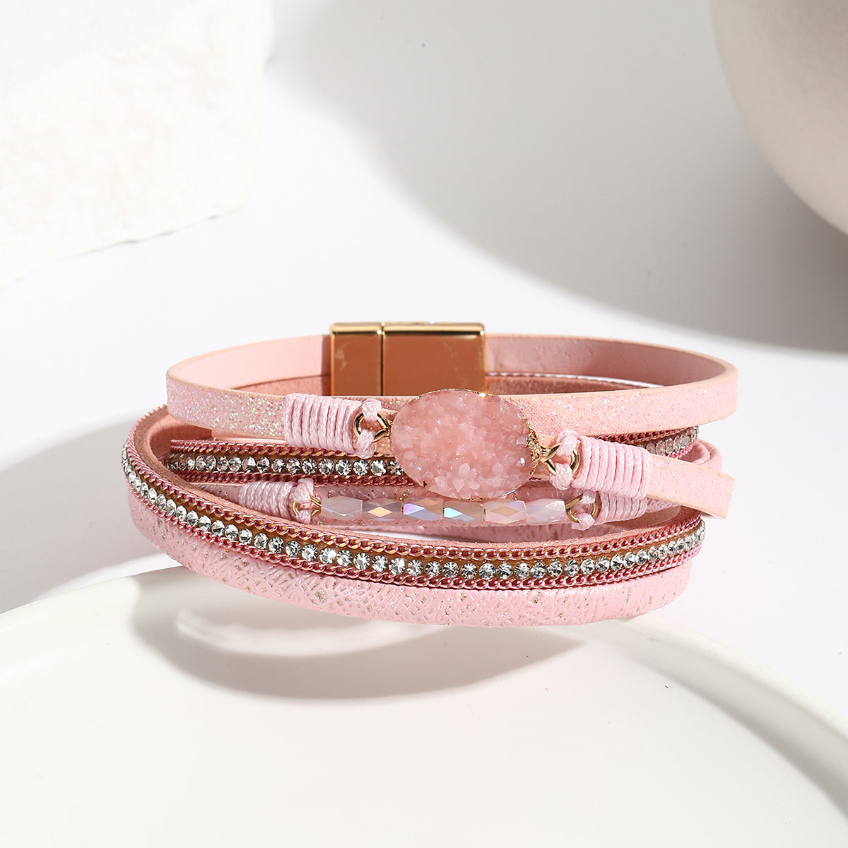 Wickelarmband Damen Rosa PU Leder Zirkon Armband Karma