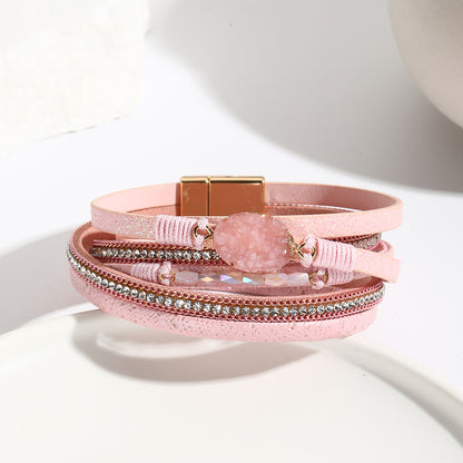 Wickelarmband Damen Rosa PU Leder Zirkon Armband Karma